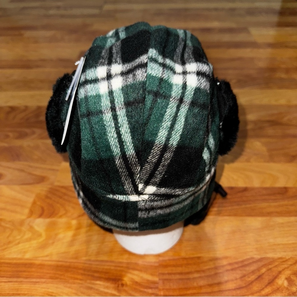 Oswego Green Plaid Trapper Style Hat Green,  White & Black Plaid Wool Ear Warmer - Picture 5 of 12